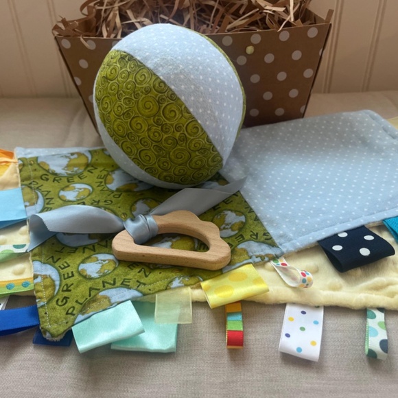 Jingle Ball plushy w/ coordinating sensory blanket handmade wooden teether gift - Picture 5 of 5